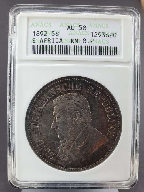 1892 ZAR 5 Shillings CROWN DOUBLE SHAFT AU 58    ********* NO RESERVE ********** R1 START BID
