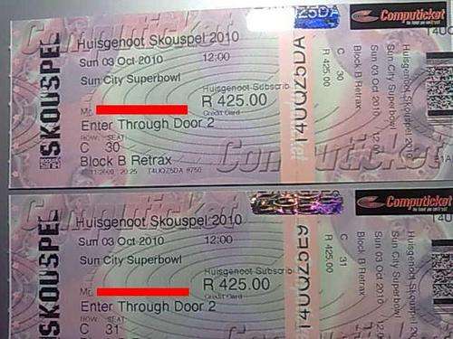 ***** HUISGENOOT SKOUSPEL 2010 TICKETS x2 *****