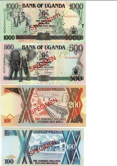 Uganda Perfect unc Banknote set  1000 500 200 100 50 20 10 5 shillings 1987 to 1996