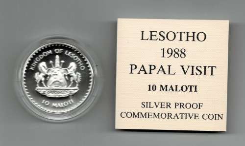 Lesotho silver papal 1oz proof 925 with certificate in original box year 1988