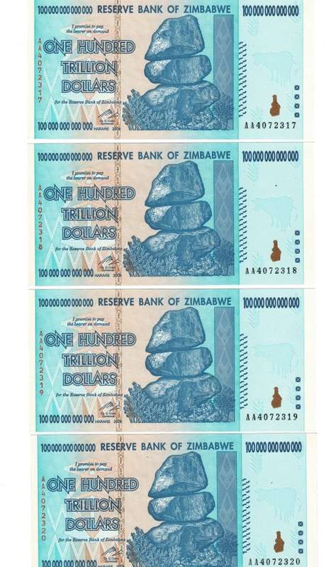 4 x 100 trillion Zimabwe notes Perfect UNC AA prefix in sequence