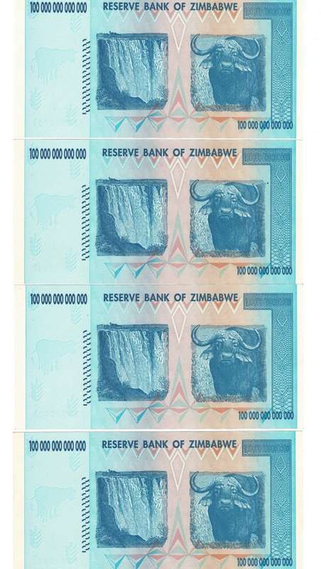 4 x 100 trillion Zimabwe notes Perfect UNC AA prefix in sequence