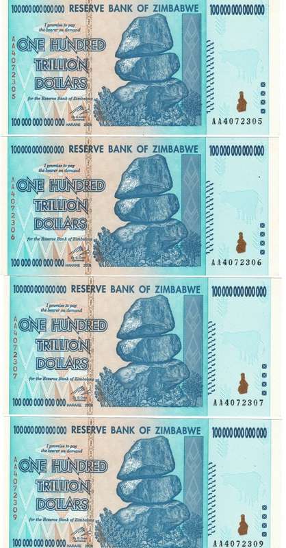 4 x 100 trillion Zimabwe notes Perfect UNC AA prefix in sequence
