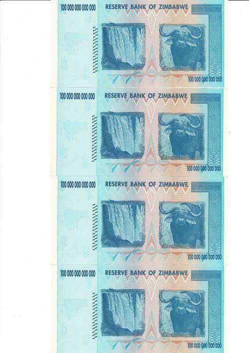 4 x 100 trillion Zimabwe notes Perfect UNC AA prefix in sequence