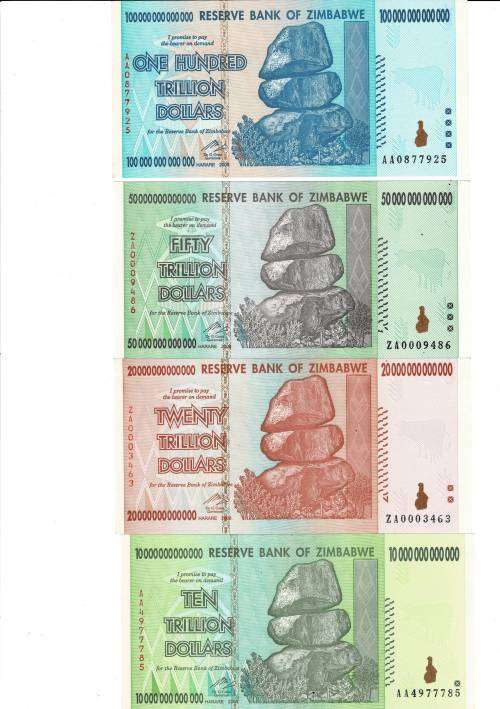 Zimbabwe Trillion set with 2 REPLACEMENTS perfect UNC