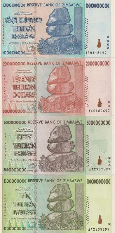 Zimbabwe 4 notes Set.. Uncirculate... AA prefix.. Excellent gift