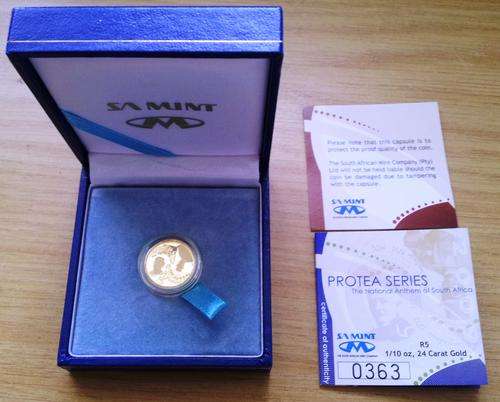 South African GOLD National anthem 1/10 Ounce PROOF with certificate coin