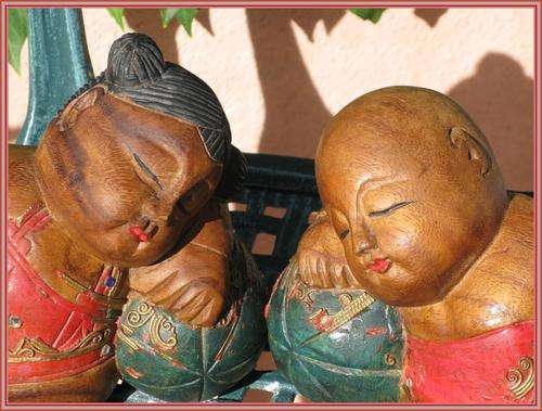 Chinese 'Good luck children sleeping on watermelons' a very endearing pair! Vintage, wood carvings.