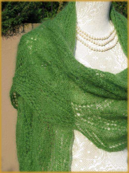 Hand knitted lace shawl mohair. 2m x 60cm. Irish spring green.