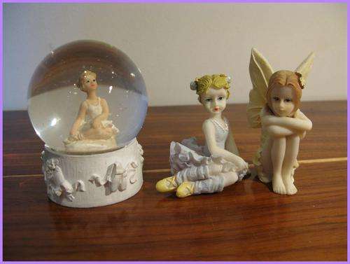 Three figurines, fairy, ballet dancer & snowball.