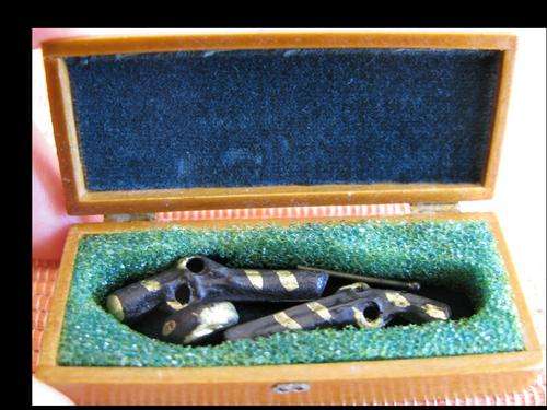 Miniature pistol set in wooden box. Doll house collection 1/12 scale.