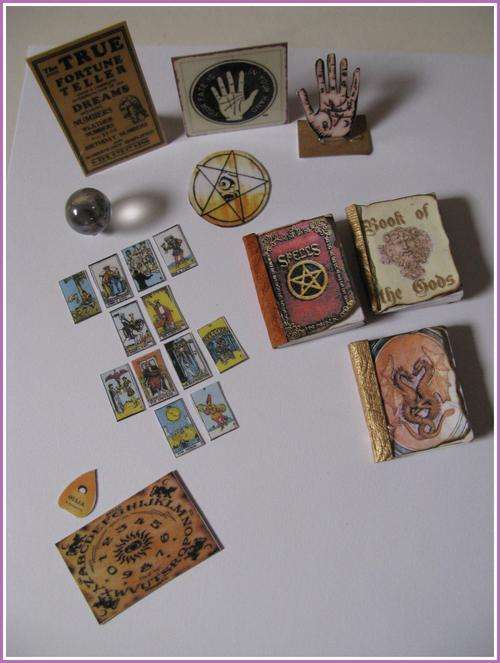 Miniature fortune teller's tools - books, cystal ball and tarot cards - set A. 1/12 scale