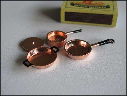 Doll house miniature copper pans and pot with lid. Scale 1/12