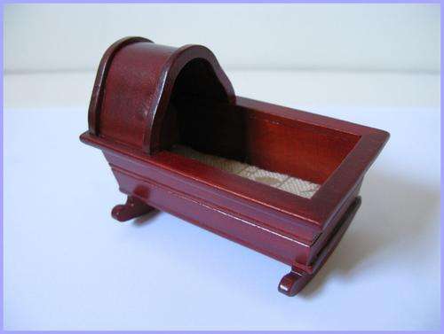 Doll house miniature rocking CRADLE to fit 7cm long doll. Scale 1:12