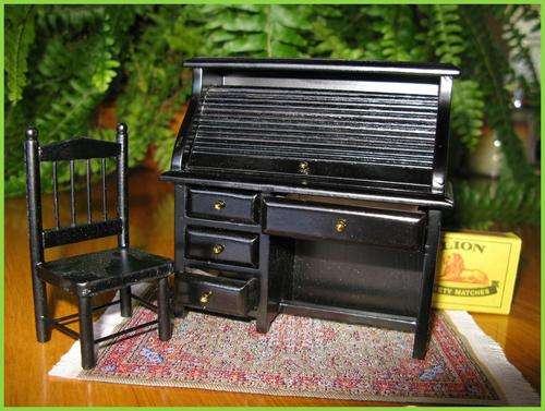 Doll house miniature rollertop desk with chair. Scale 1:12