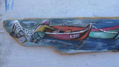 "The fisherman" - Bonnie Serjeant. Acrylic on DRIFTWOOD. 50cm x 9.5cm