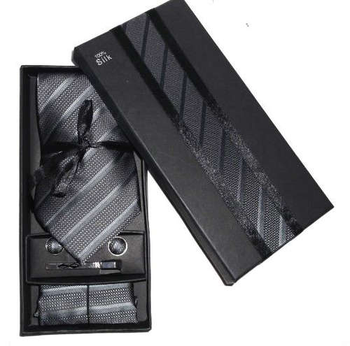100% Silk Tie Gift Set(Silver Grey  Striped)