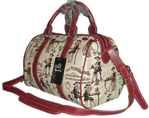 STUNNING TAPESTRY FASHION PRINT CANVAS HANDBAG IN CAPTIVATING CREAM WITH BURGANDY TRIM