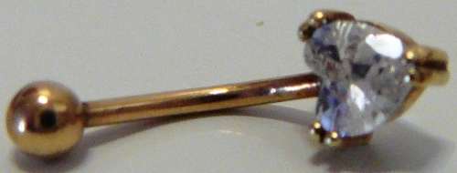 9 ct Gold Belly Bar set with a heart shaped Cubic Zirconia.