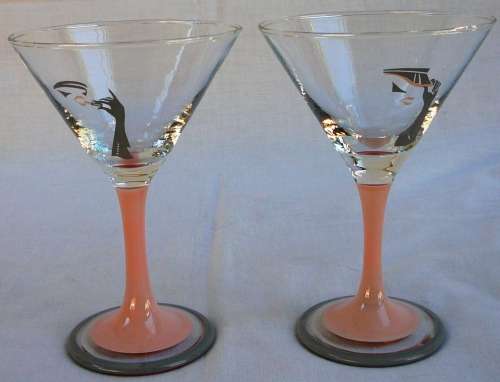 A Pair of Art Deco Pink Stemmed Martini Glasses