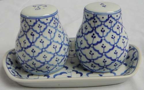 A Blue and White Porcelain Cruet Set on Porcelain Tray