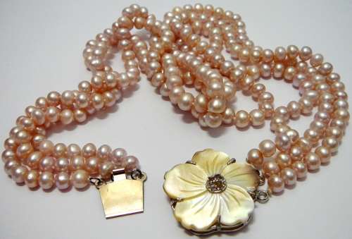 A Beautiful 3 Strand Real Pink Pearl Necklace with Mother of Pearl Clasp.