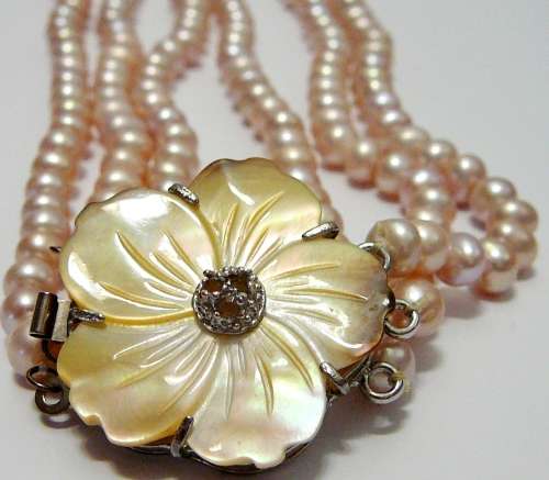 A Beautiful 3 Strand Real Pink Pearl Necklace with Mother of Pearl Clasp.