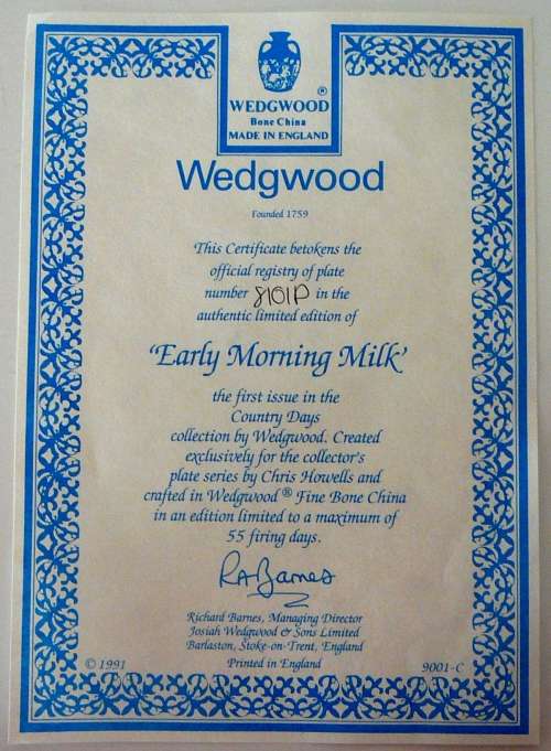 'Early Morning Milk' A Limited Edition Collectors Plate from the Series 'Country Days' by Wedgwood