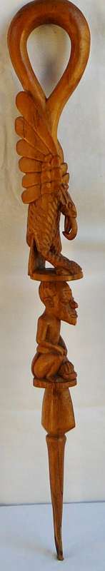 An African Carved Ceremonial Walking Stick - Vulture Perched on Mans Head