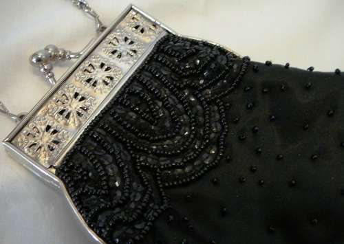 A Very Smart Black Beaded Evening Bag on Long Silver Coloured Chain