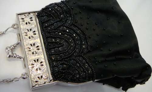 A Very Smart Black Beaded Evening Bag on Long Silver Coloured Chain