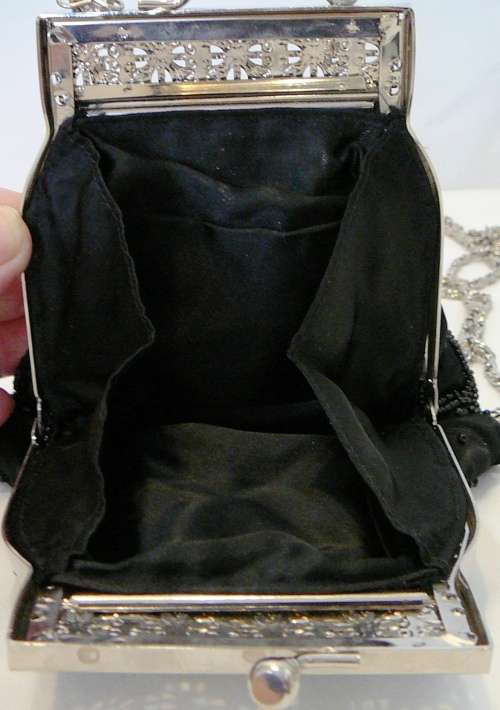 A Very Smart Black Beaded Evening Bag on Long Silver Coloured Chain