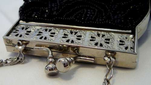 A Very Smart Black Beaded Evening Bag on Long Silver Coloured Chain