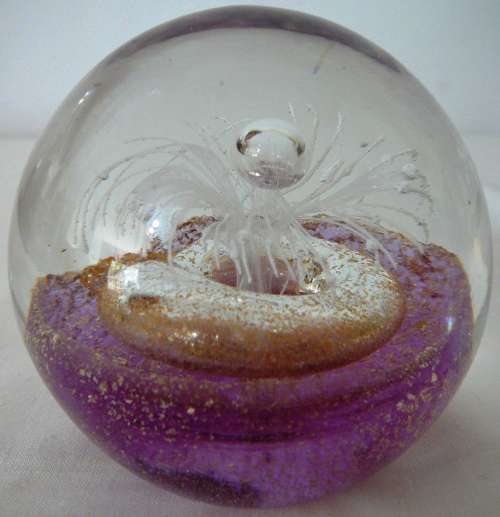 Beautiful Clear, Purple, Gold, White Paperweight