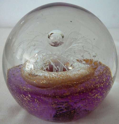 Beautiful Clear, Purple, Gold, White Paperweight