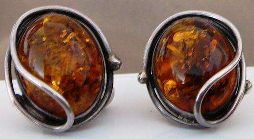 Art Deco Amber Clip on Earrings in silver mount stamped 925