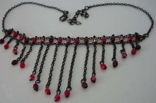 Red Beaded Choker Necklace on Brass Coloured Chain