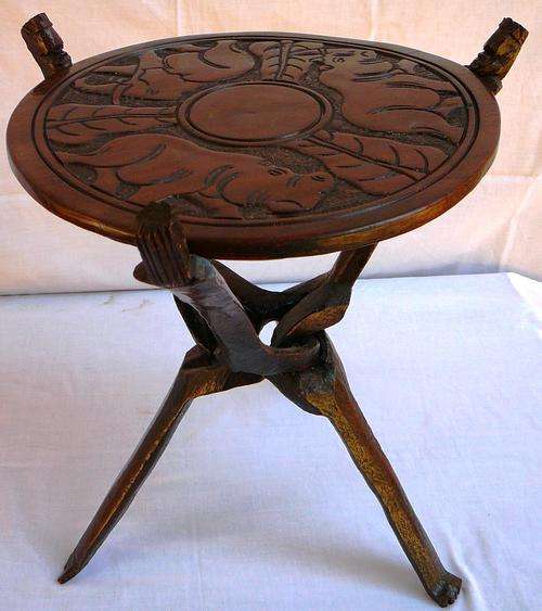 Carved African Three Legged Side Table