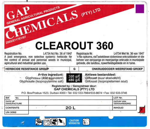 Clear Out Glyphosate 360g/lt (Non-Selective Systemic Herbicide) - 20 liter