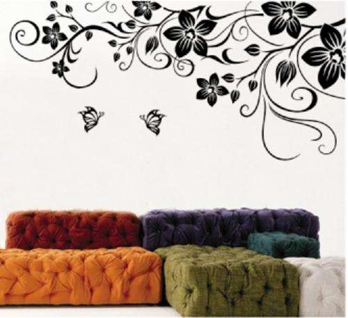 Transparent Wall Sticker "Black Flora and Butterfly 60 x 90 cm