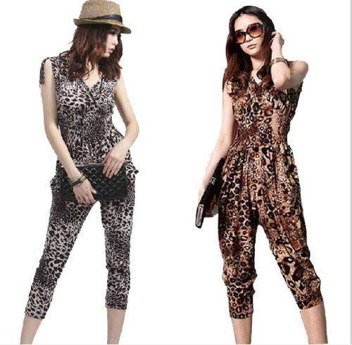 European Style V neck waisted Sleeveless Leopard print Summer Jumps