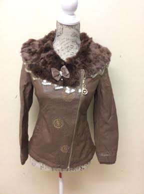 Light Brown Fashion PU Leather Jacket With Fur Trim And Asymmetric Zip