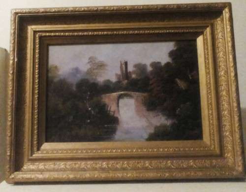 Victorian c1880 oil on board in original gilt frame. Castle scene