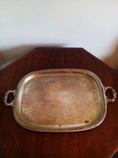 Shabby chic silver plate on copper base twin handled butlers tray