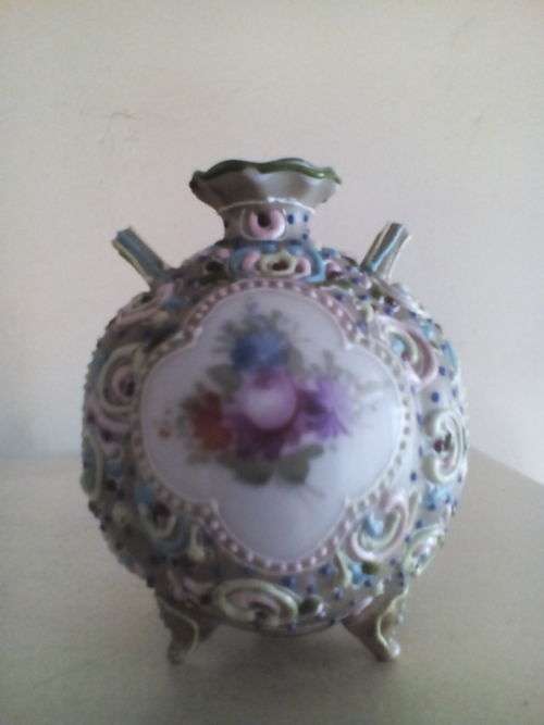 Miniature madness! Small three legged vase. Possibly Oriental. Raised enamelled swirled design.