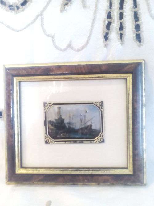 Reproduction of an oil painting on a sterling silver plaque.