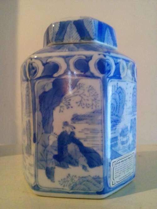 Hand painted hexagonal contemporary version of a Ming dynasty ginger jar.