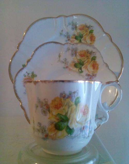 Reduced price-light stain to base-Romantic Victorian eggshell china yellow rose tea trio.