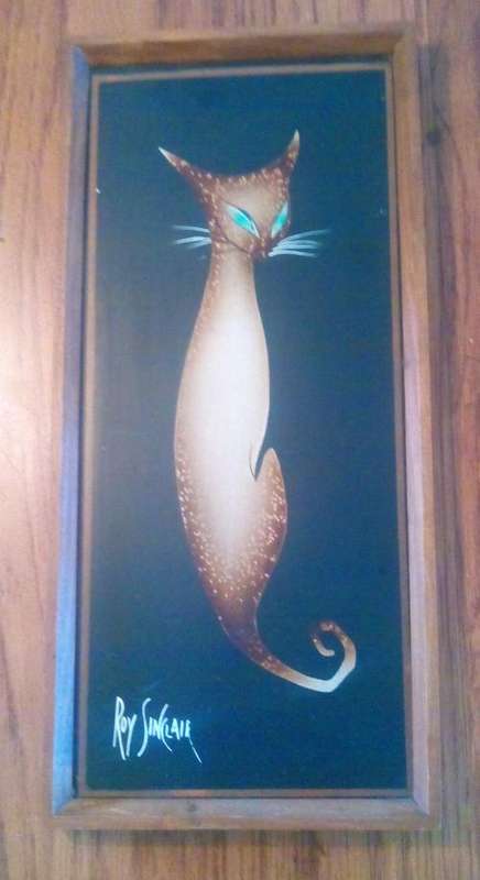 Nineteen seventies airbrushed Siamese cat painting by Roy Sinclair(Rhodesian).
