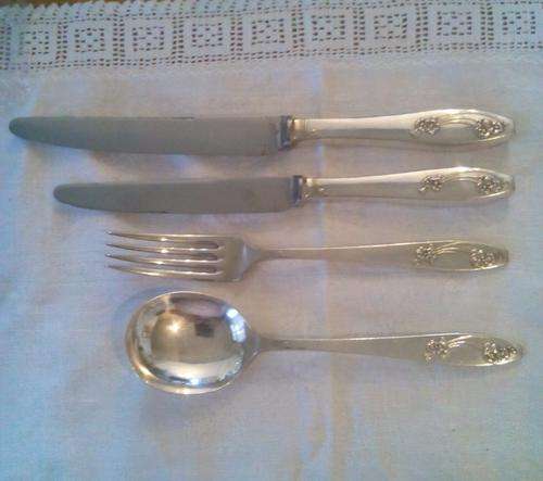 Priestley and Moore Super A1 silver plate 'Bouquet'-dinner knife,salad fork,salad knife,soup spoon.